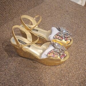 Butterfly Embellished Gold Wedge Sandals
